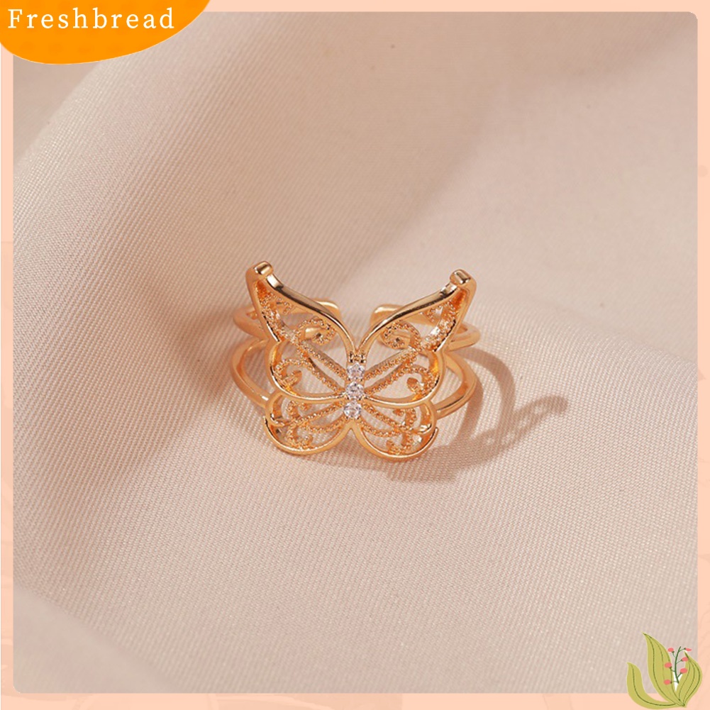 < Freshbread > Fashion Wanita Berongga Kupu-Kupu Berlian Imitasi Pembukaan Lebar Jari Cincin Perhiasan Pesta