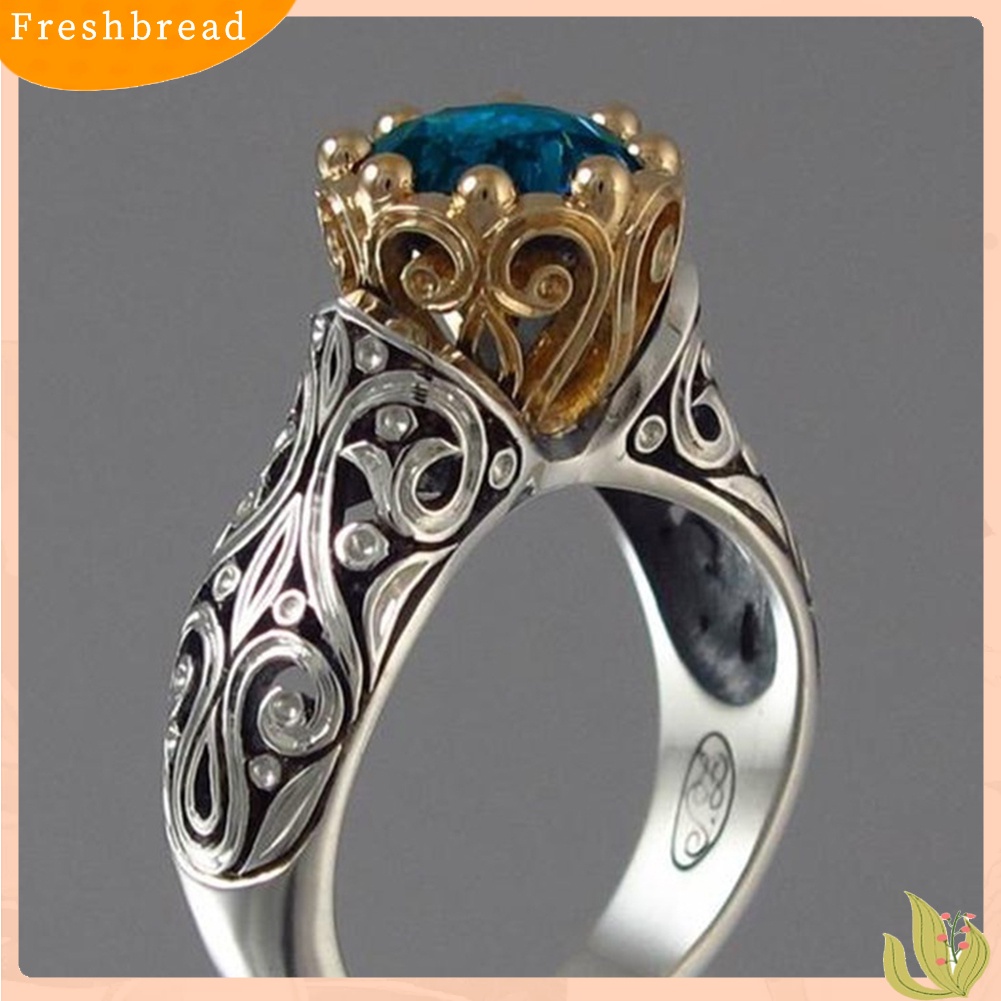 &lt; Freshbread &gt; Vintage Etnik Wanita Ukir Bulat Faux Topaz Disepuh Jari Cincin Perhiasan Hadiah