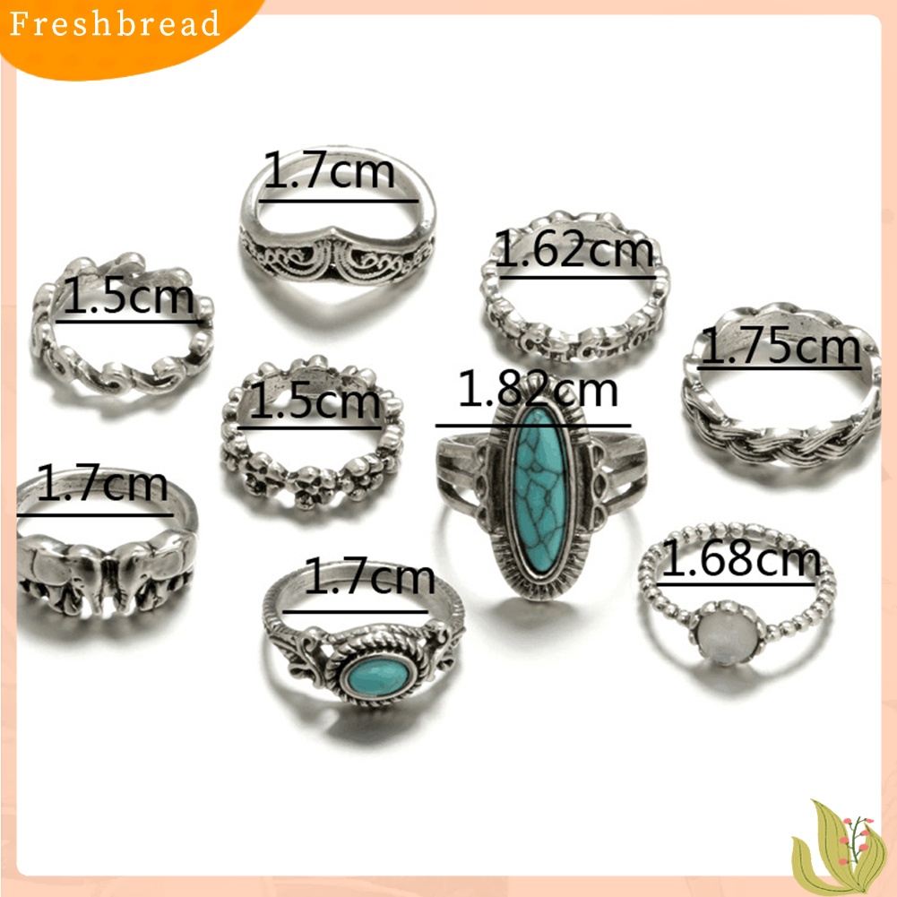 &lt; Freshbread &gt; 9Pcs/Set Boho Stack Gajah Bunga Faux Turquoise Midi Finger Knuckle Rings