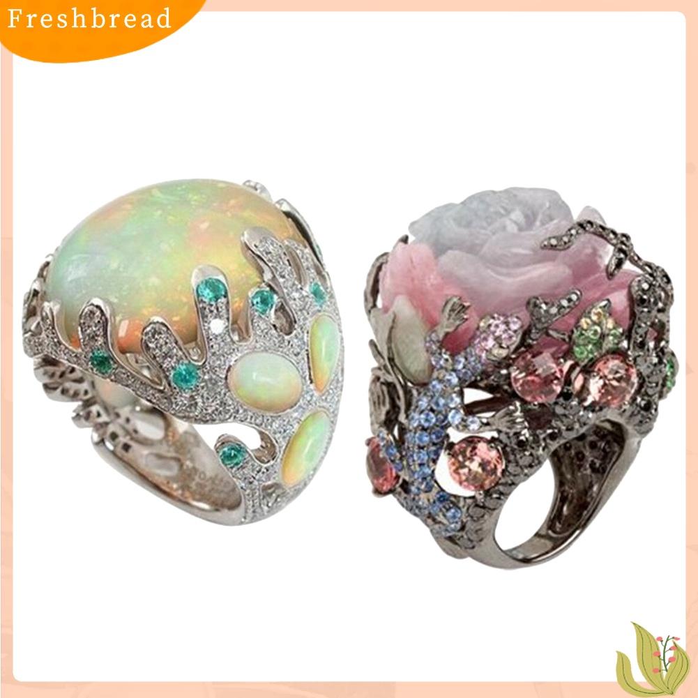 &lt; Freshbread &gt; Wanita Multicolor Oval Besar Faux Moonstone Ukir Bunga Jari Cincin Perhiasan