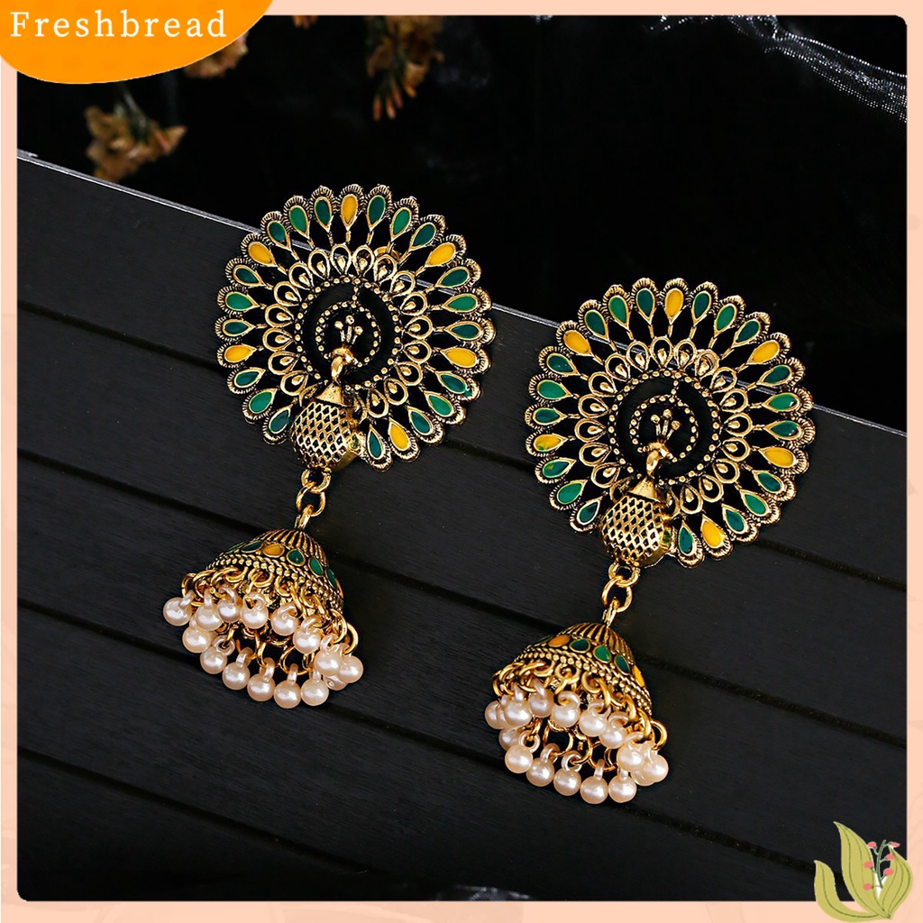 &lt; Freshbread &gt; 2Pcs Anting Menjuntai Gaya India Bell Rumbai Mutiara Imitasi Warna-Warni Geometris Hias Hadiah Wanita Merak Liontin Anting Perhiasan Fashion Untuk Pakaian Sehari-Hari