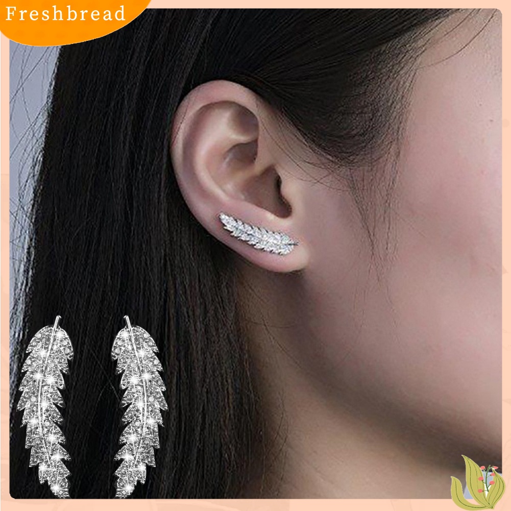 &lt; Freshbread &gt; Wanita Mewah Daun Penuh Cubic Zirconia Hias Telinga Pendaki Anting Crawler