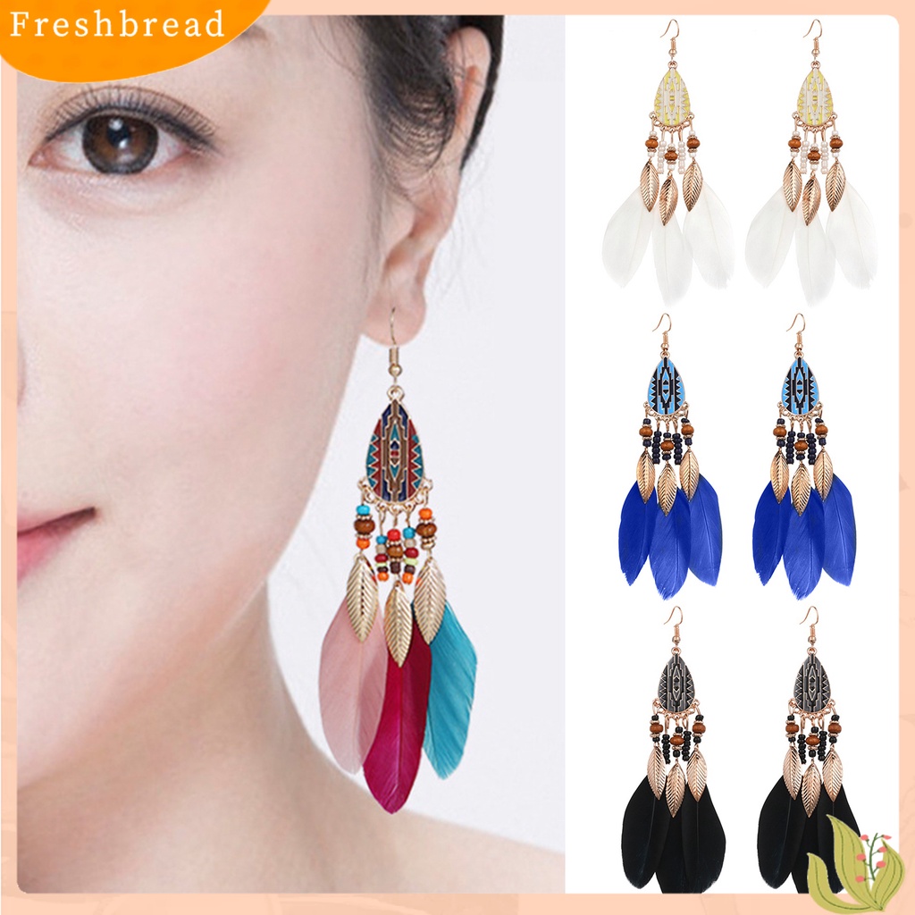 &lt; Freshbread &gt; 1pasang Anting Kait Gaya Etnik Tetesan Air Liontin Manik-Manik Kepribadian Eye-catching Dekorasi Hypoallergenic Bulu Buatan Vintage Menjuntai Anting-Anting