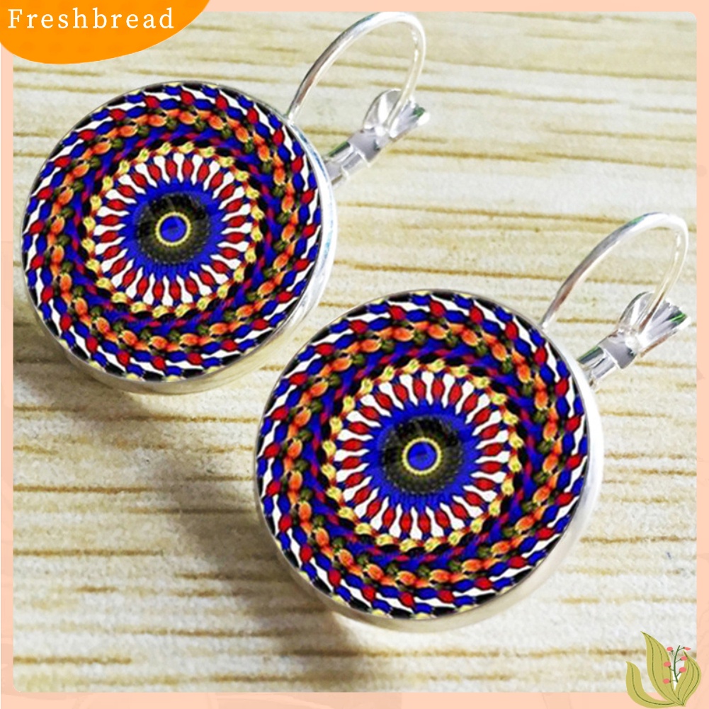 &lt; Freshbread &gt; Vintage Bunga Lotus Mandala Kaca Cabochon Leverback Anting Wanita Perhiasan