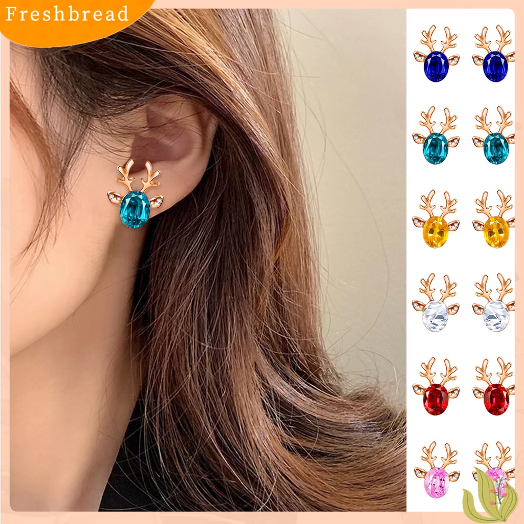 &lt; Freshbread &gt; 2Pcs Natal Ear Studs Boho Faux Gemstone Shiny Rhinestone Hias Festival Hadiah Xmas Tanduk Stud Anting Wanita Perhiasan Pesta Untuk Tahun Baru