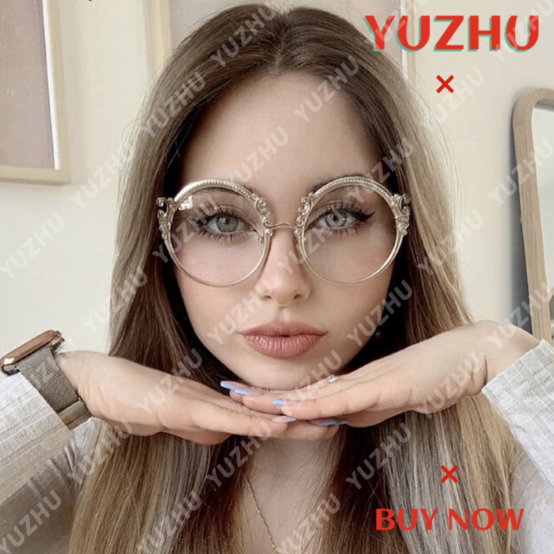 (YUZHU) Western Fashion Metal Round Engraved Eyeglasses New Fashion Design Matte Color Anti Blue Light Eyeglasses Untuk Wanita