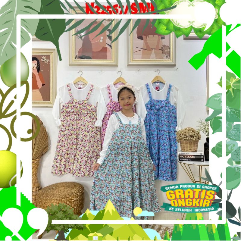 gamis anak overall menyatu motif bunga kecil kecil/ edisi lebaran2023