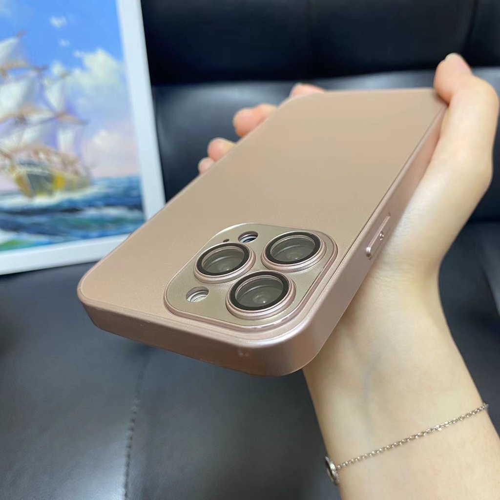 IPHONE Ag Champagne Gold Frosted Glass Phone Case Untuk Iphone14 13 11 12 Pro Max 14Plus Lensa CD Pelindung Casing Belakang