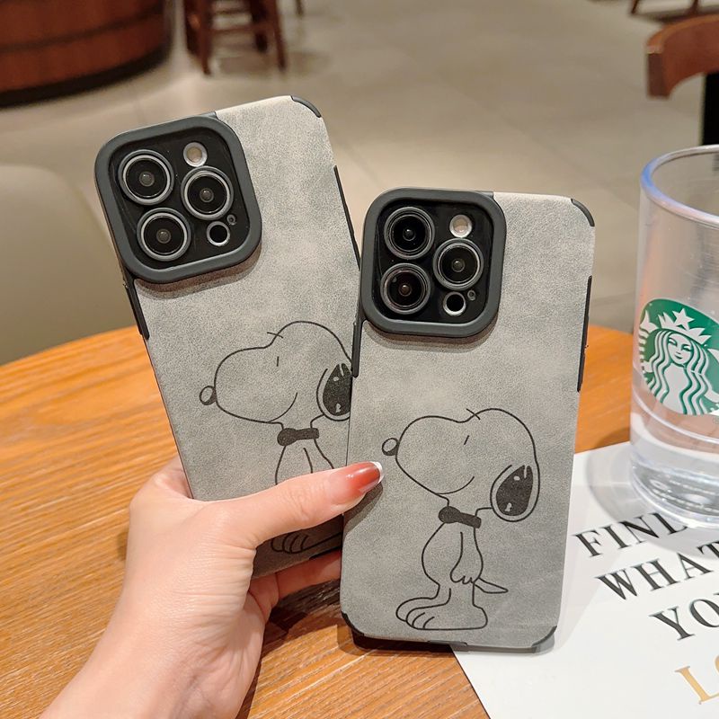 Retro suede Soft Case iP iPhone 7 8 Plus SE 2020 X XR XS Max 11 12 13 14 Pro Max 14 Plus Phone Case Camera Protect Gray Grey Cartoon Anime Snoopy