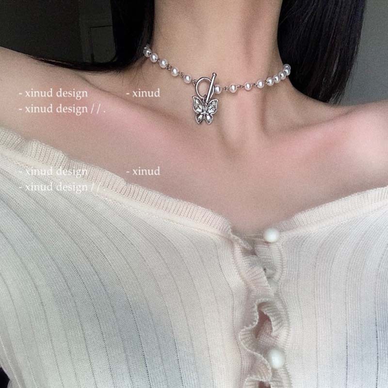 Y2k Kalung Liontin Kupu-Kupu Salib Hati Zirkon Kristal Mutiara Silver Rantai Choker Untuk Aksesoris Perhiasan Wanita