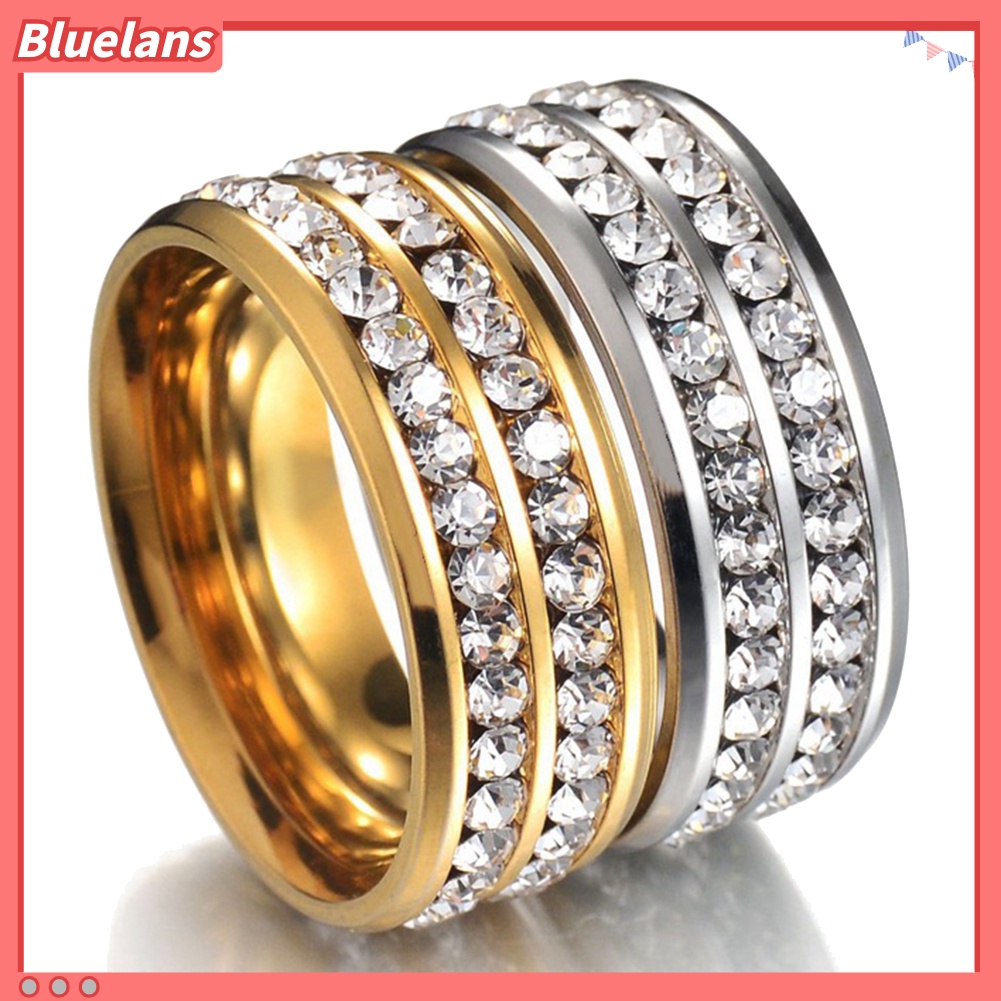 {In Stock} Wanita Mewah Baris Ganda Berlian Imitasi Bertatahkan Jari Cincin Pernikahan Pertunangan Perhiasan