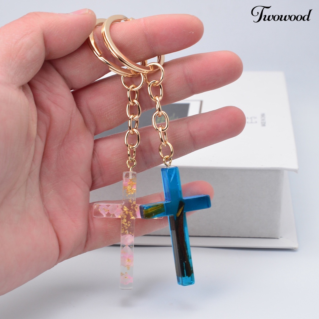 Twowood Gantungan Kunci Handmade Bunga Kering Isi Resin Liontin Serbaguna Berkilau Souvenir Hadiah Cross Key Ring Tas Ornamen Wanita Pria Perhiasan Aksesori Fashion