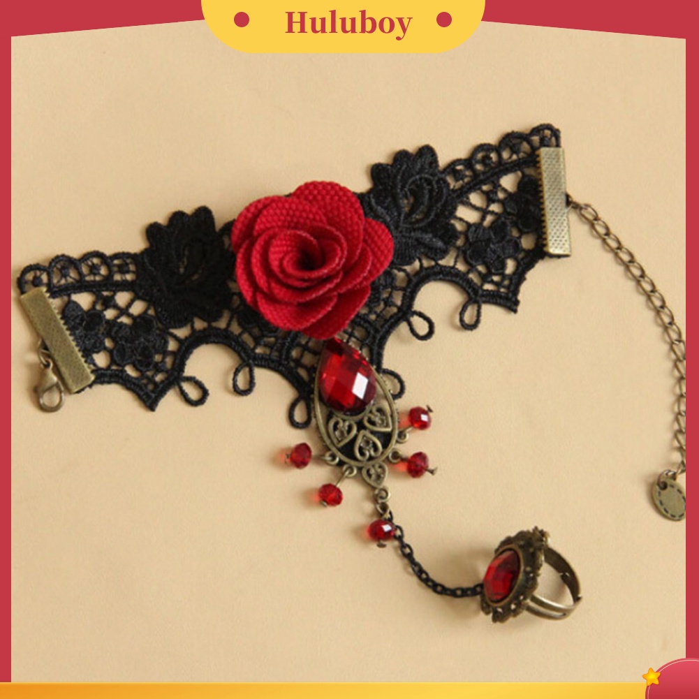 {Ready Stock} Gelang Bunga Mawar Renda Gaya Gothic Wanita Elegan Dengan Cincin Jari Yang Dapat Disesuaikan