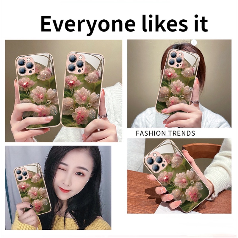 IPHONE Baru Kristal Bunga Metalik Cat Tempered Glass Phone Case Untuk Iphone11 12 13 14 Pro Max X Xs Max Xr Shockproof Case Cover