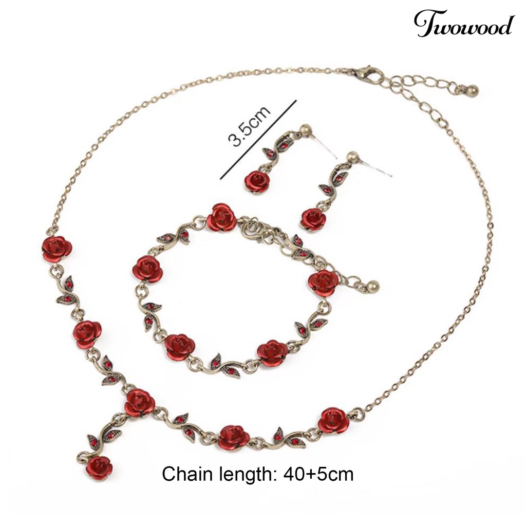 Twowood 1set Wanita Rose Kalung Gaya Perancis Retro Elegan Rantai Emas Peri Hadiah Adjustable Bunga Merah Gelang Stud Anting Kit Perhiasan Aksesoris