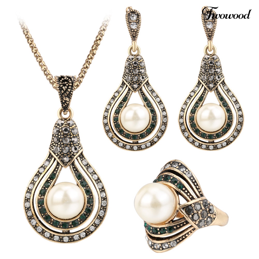 Twowood Gaya Turki Bridal Mutiara Imitasi Kalung Cincin Anting Set Perhiasan Hadiah Pesta