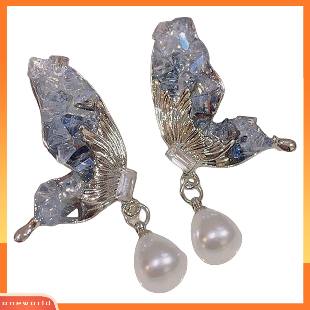 [OWR] 1pasang Drop Earrings Mewah Mutiara Imitasi Peri Elegan Rusak Kristal Imitasi Kupu-Kupu Sayap Stud Earrings Perhiasan Aksesoris
