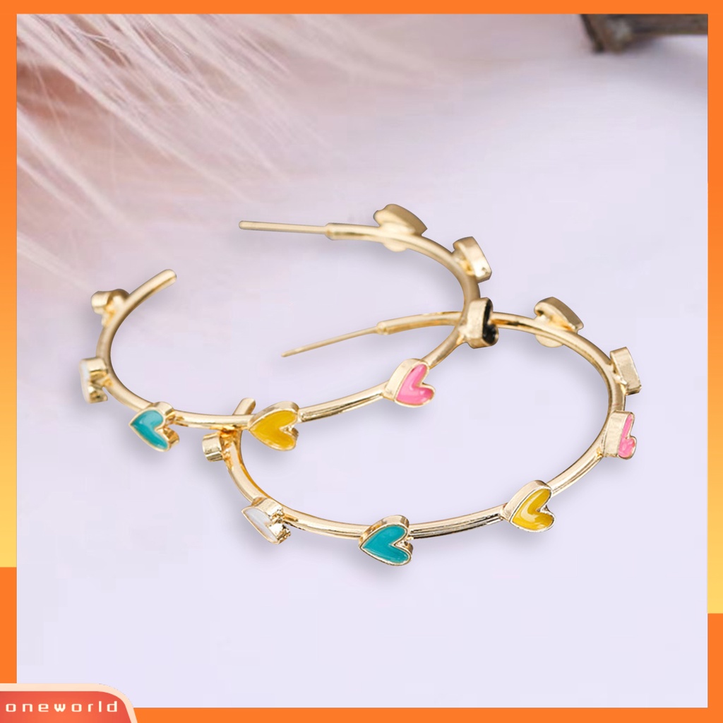 [OWR] 1pasang Anting Hoop Berbentuk C Geometris Hypoallergenic Warna-Warni Berbentuk Hati Stud Earrings Fashion Perhiasan