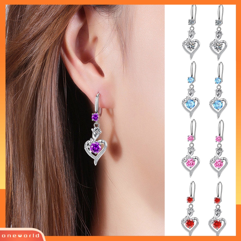 [OWR] 1pasang Anting Hoop Bersinar Cubic Zirconia Geometris High-end Liontin Berdandan Hypoallergenic Bunga Mawar Hati Menjuntai Anting Perhiasan Fashion