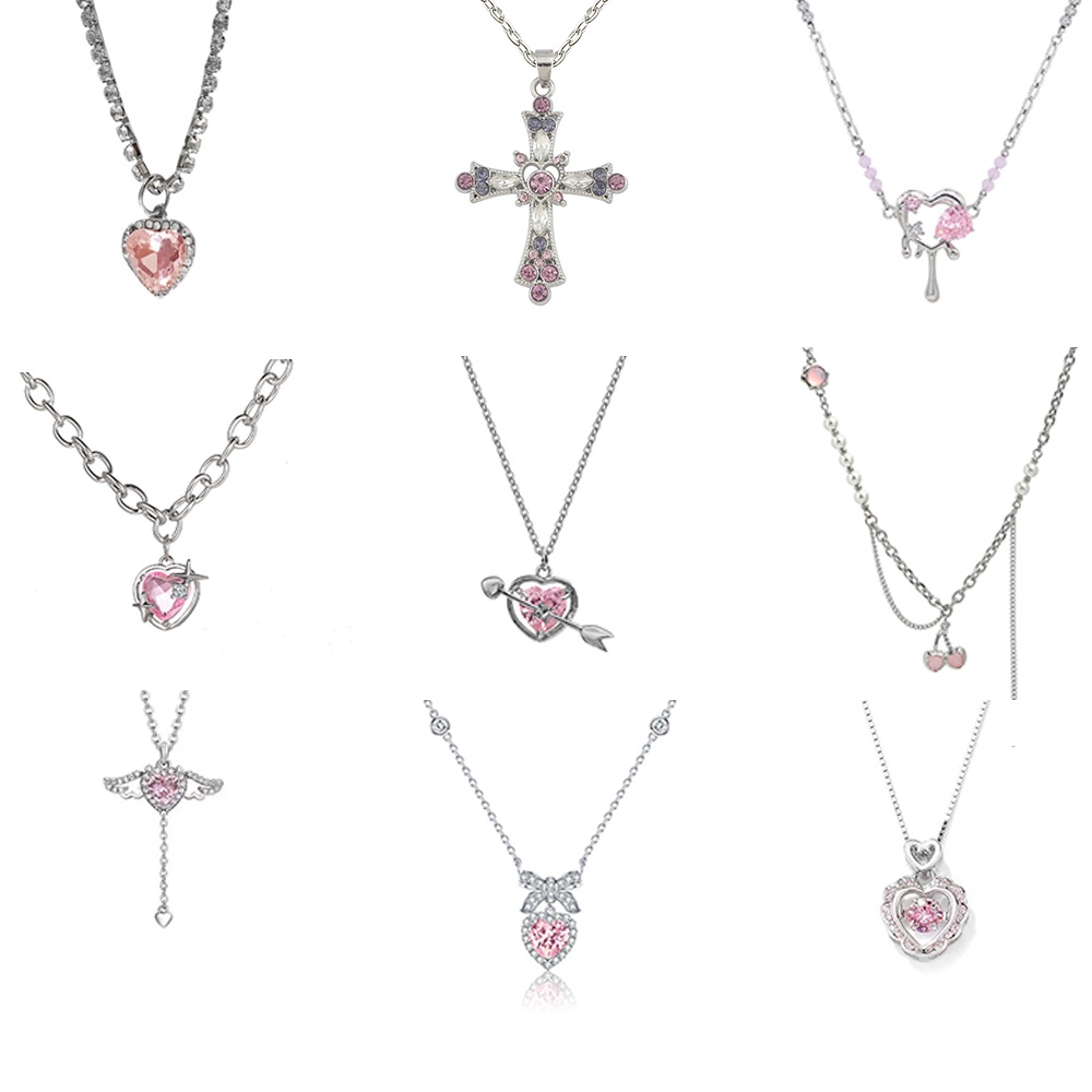 Kalung Anting Liontin Zirkon Kristal Pink Cincin Sweet Cross Heart Chain Choker Untuk Aksesoris Perhiasan Wanita