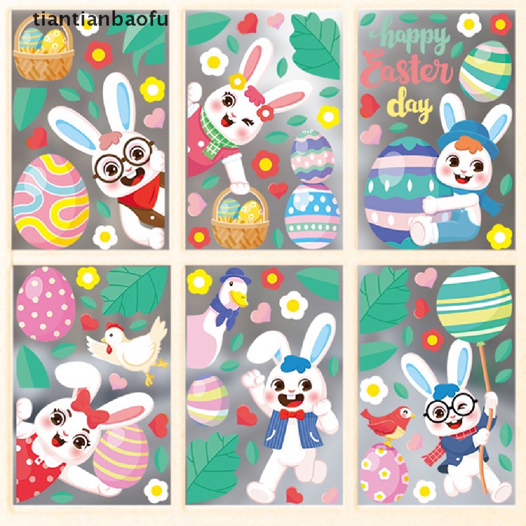 [tiantianbaofu] 1pc Stiker Jendela Kaca Happy Easter Colorful Bunny Eggs Wall Sticker 20x30cm Butik