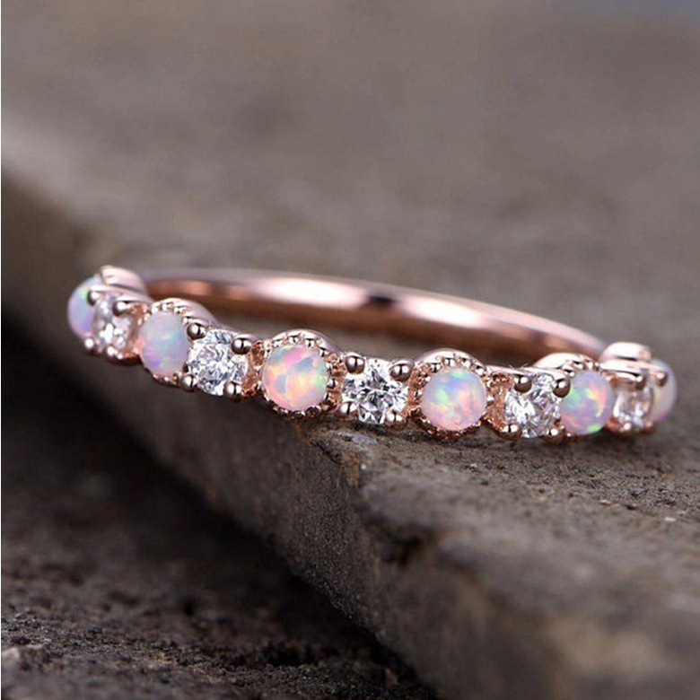 Goldkingdom Aksesoris Perhiasan Fashion Ready Stock Berlapis Rose Gold Opal Set Cincin Berlian Fashion Engagement Strip Tail Ring