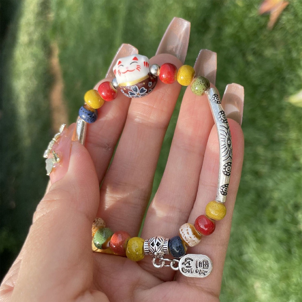 Lucky Cat Stone Beads Bracelet Bangles Sederhana Manis Gelang Keramik Untuk Wanita Gadis Hadiah Ulang Tahun Perempuan Pesona Perhiasan