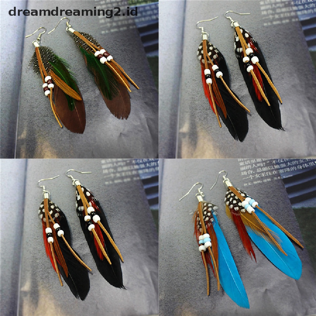 (hot) Fashion Rumbai Menjuntai Anting Bulu Manik Kulit Anting India Bulu//