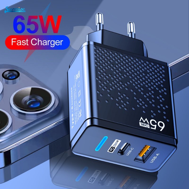 Eu/us/uk GaN 65W ABS Portable Rumah Kantor Travel Tipe C Charger Ponsel Universal Colokan Ganda USB Adaptor