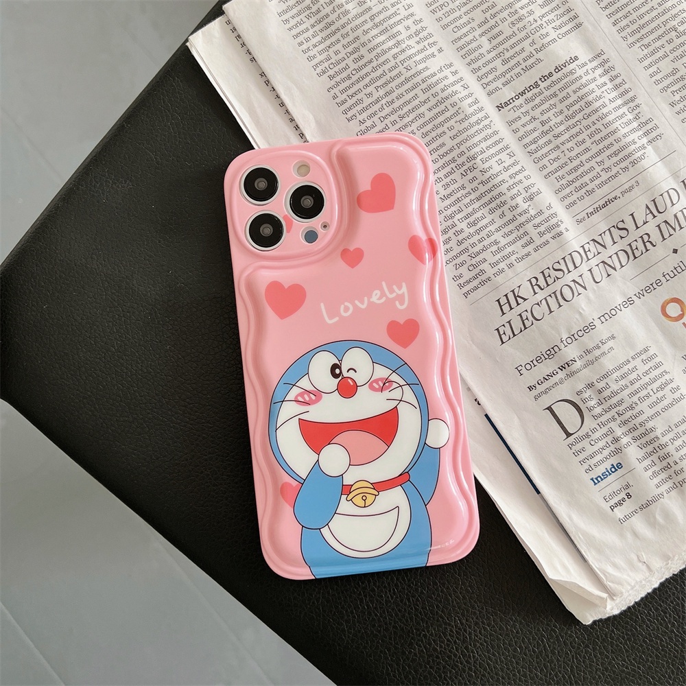 Doraemon Kucing Lucu Lembut TPU Silikon Penutup Belakang Warna Solid Curly Bumper Gelombang Casing Ponsel Untuk Apple IPhone 14 Pro Max11 13 12 14 Plus Perlindungan Kembali Transparan Shockproof Cover