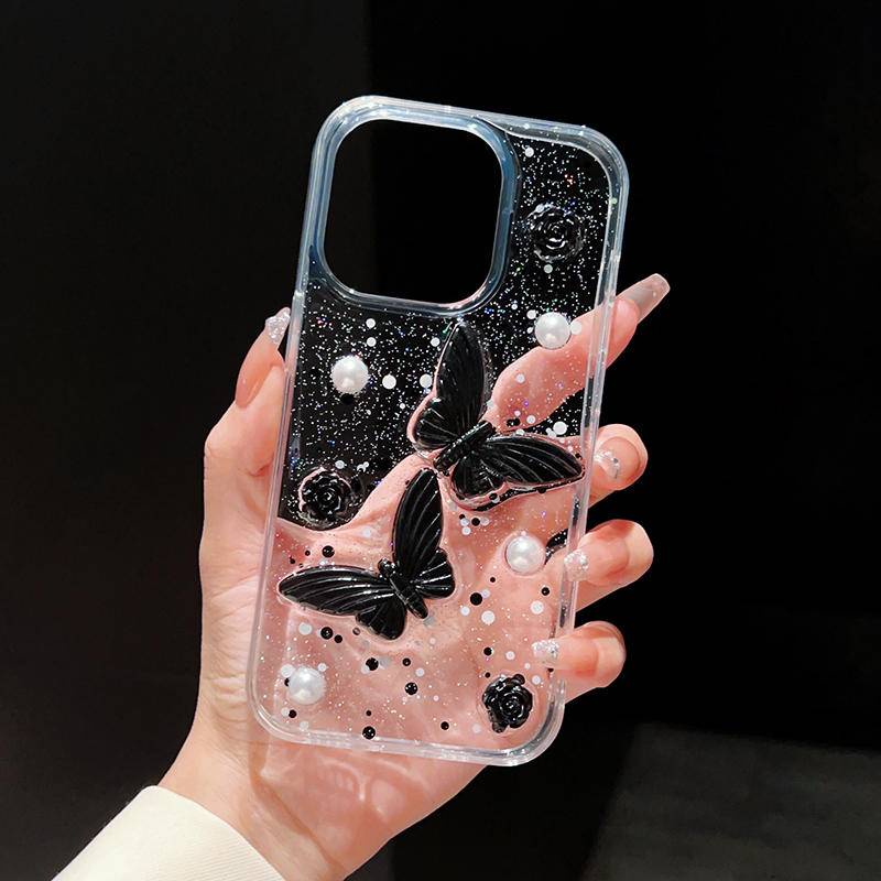 Shining Butterfly Rose Flower Epoxy Clear Phone Case Untuk Iphone14 13 12 11 Pro MAX Plus Cover Pelindung Silikon Mini Untuk iPhone X XS MAX XR 7 8 Plus SE 2022 2020