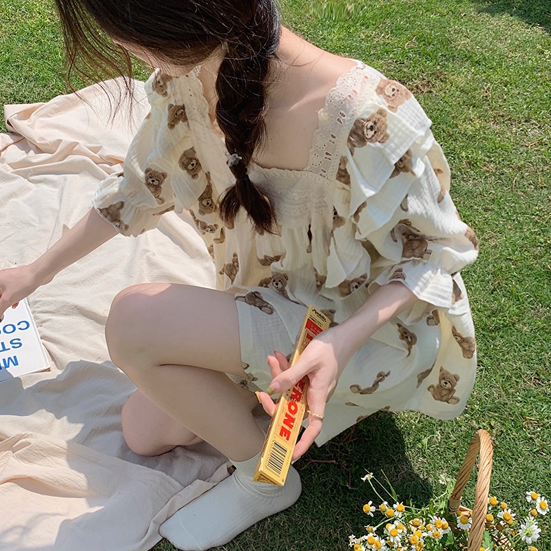 CJSW-B01 TINO TINO SET PIYAMA BAJU TIDUR WANITA JUMBO IMPORT MOTIF BEAR RUFFLE BOW/ BAJU TIDUR WANITA LENGAN PENDEK MURAH