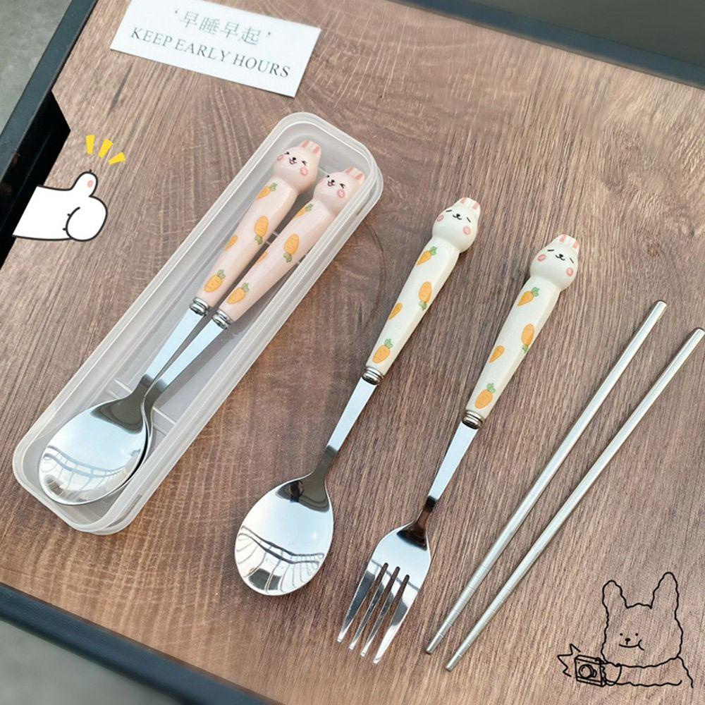 Chookyy Set Alat Makan Portable Kelinci Dengan Kotak Penyimpanan Stainless Steel Sumpit Garpu Sendok Peralatan Makan