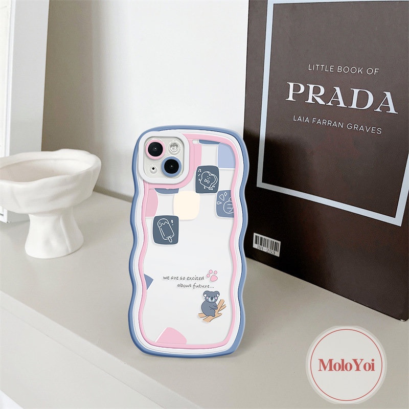 IPHONE Casing Ponsel Kompatibel Untuk Iphone11 6s 7 8 6 14 Plus 13 14 12 Pro MaxX 7Plus XR XS Max SE 2020 Lucu Kartun Beruang Pasangan Wavy Edge Soft Tpu Plaid Ice Cream Cover