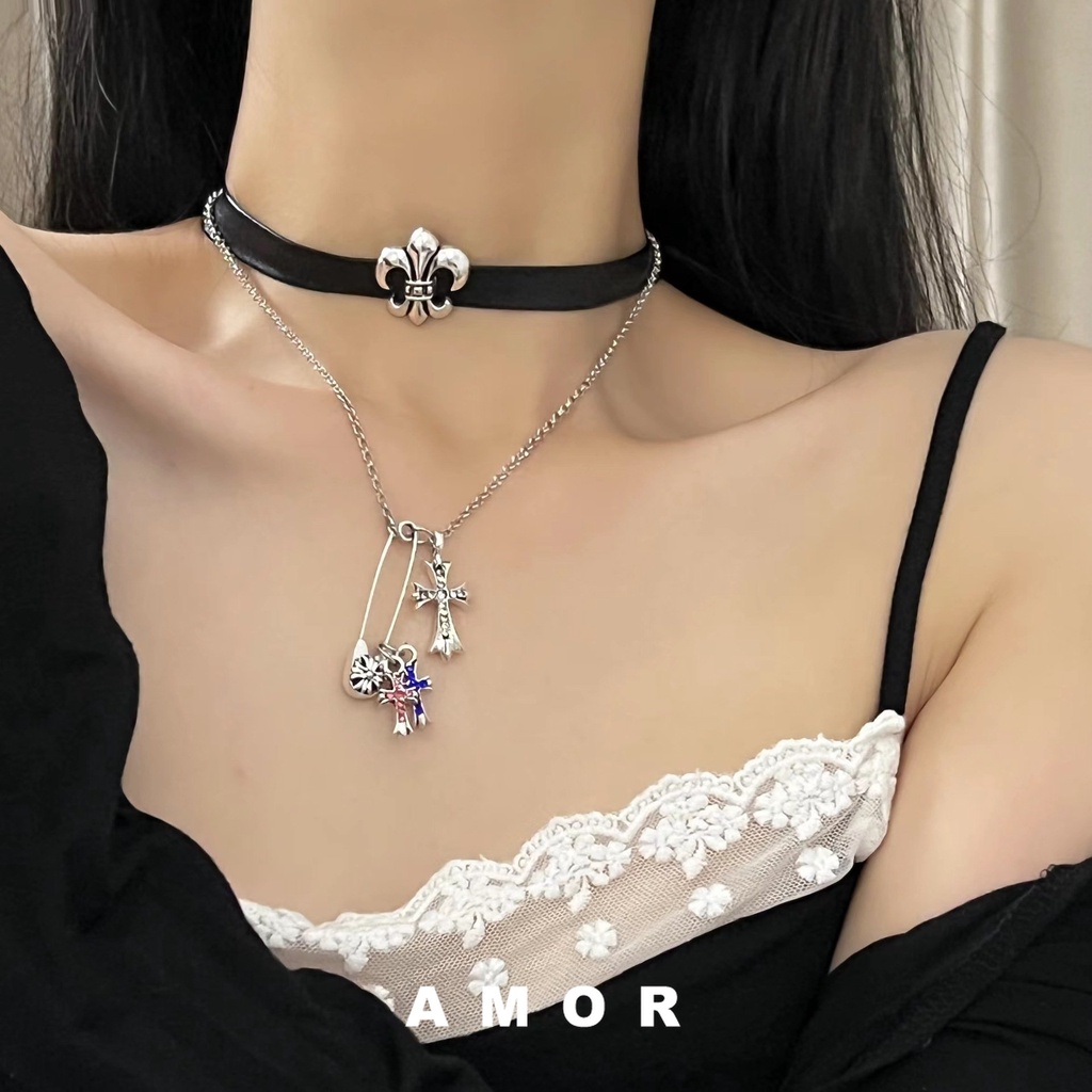 Chrome Hearts Black Cross choker Kalung Kerah Kulit Kalung Perempuan