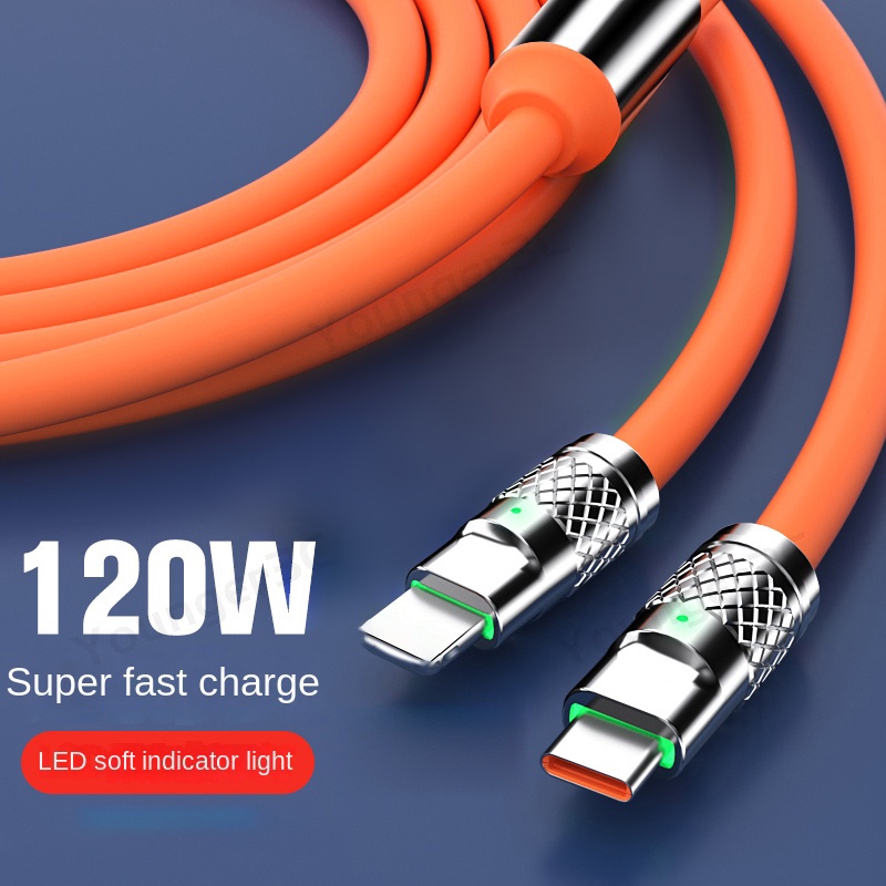 2in1 Zinc Alloy Super Fast Charger Kabel 120W Silikon Cair 6A Micro Usb Data Line Dengan Indikator Untuk i-phone Tipe C