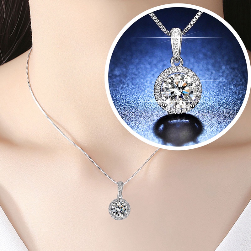 Bulat Tunggal Kristal Berlian Imitasi Perak Liontin Kalung Fashion Wanita Perhiasan