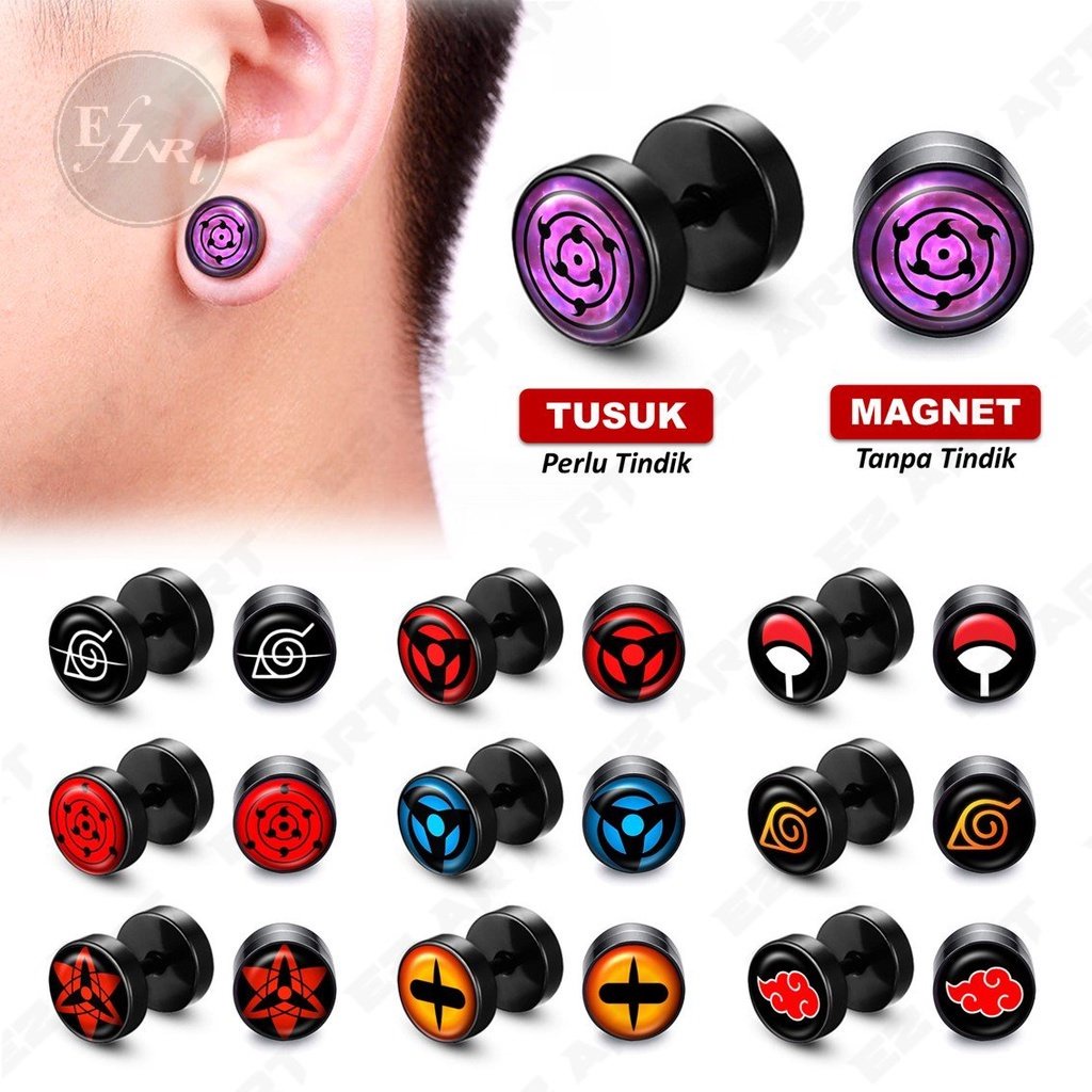 [EZArt] 1Buah Anting Magnet Anime Naruto Mata Sharingan Rinnegan Jepit Tusuk Barbel Roda Bulat Hitam