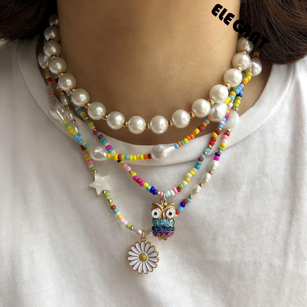 [Elegan] Kalung Bunga Gadis Trendi Hadiah Owl Daisy Manik Perempuan Pria Rantai Klavikula