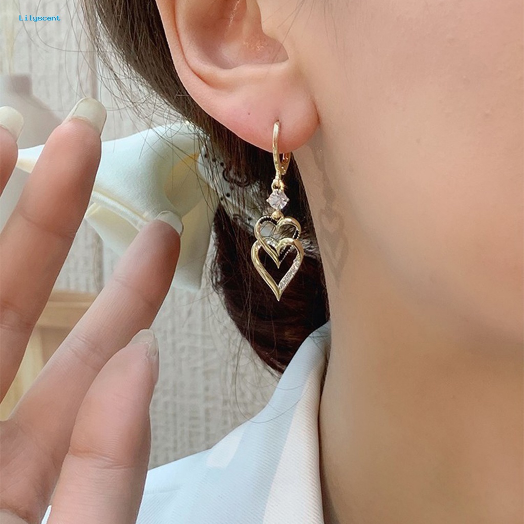 Lilyscent 1pasang Geometris Drop Earrings Retro Perhiasan Wanita Double Layer Hati Menjuntai Earrings Vintage