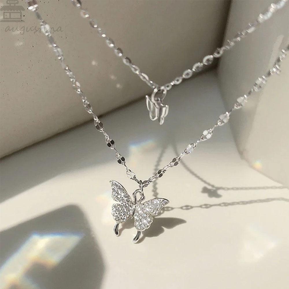 Agustina Kalung Kupu-Kupu Wanita Hadiah Shiny CZ Double Layer Butterfly Pendant Chocker