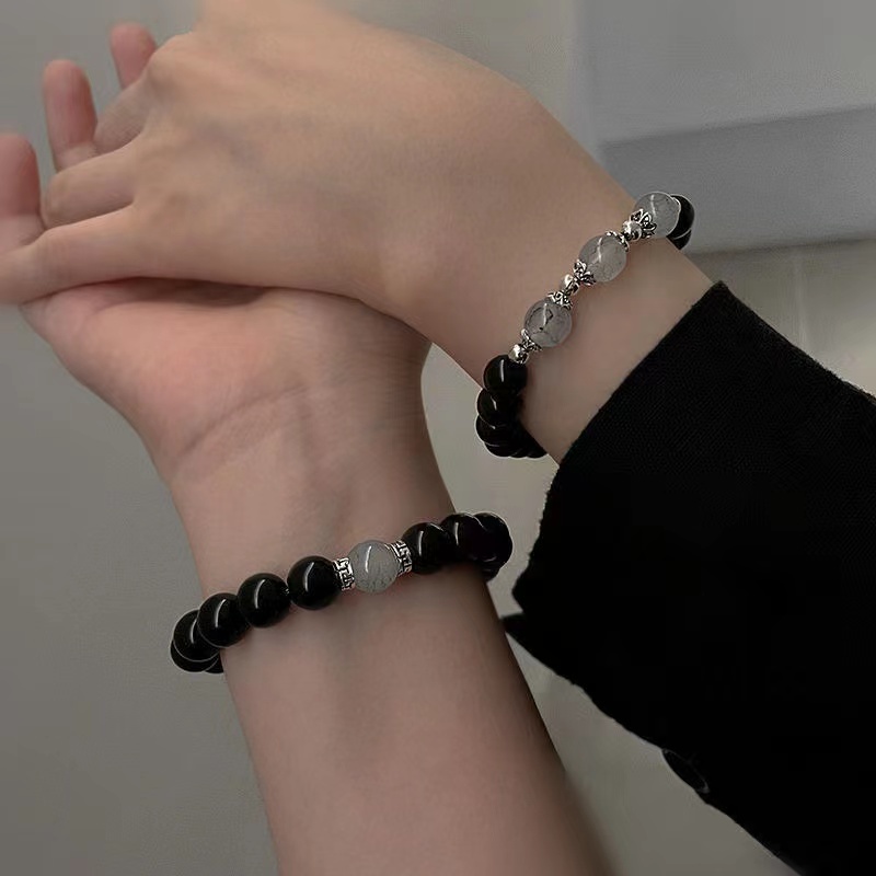 Gelang Pasangan Kristal Obsidian Magnet Siswa Korea Hadiah Gelang Mode Sederhana