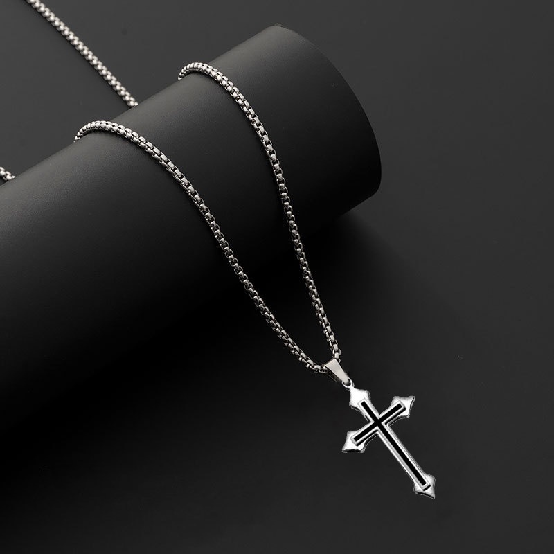 Kalung Stainless Steel Cross Series Sweater Rantai Influencer Hip-Hop Student Disc Pendant Pria