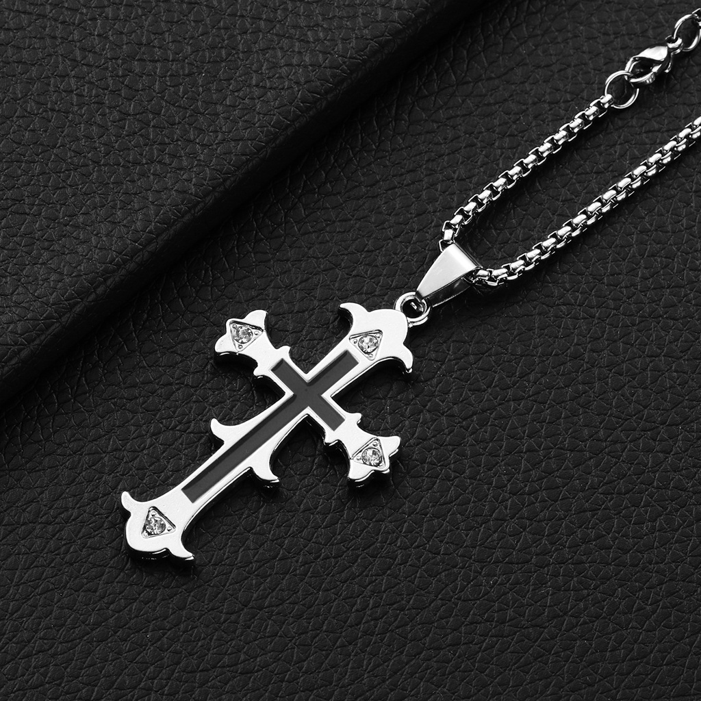 Kalung Stainless Steel Cross Series Sweater Rantai Influencer Hip-Hop Student Disc Pendant Pria