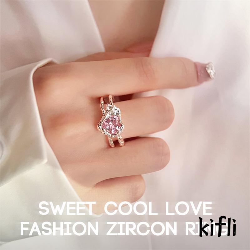 [KD] Fashion Wanita Timah Foil Tekstur Manis Dingin Cinta Zirkon Cincin Lapisan Ganda Hip Hop Terbuka Cincin