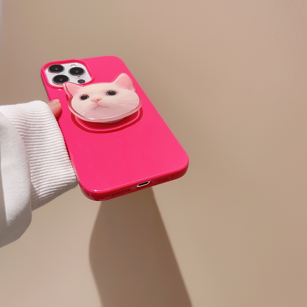IPHONE Rose Red Solid Color Glossy Jelly Phone Case Cover Dengan Holder Kucing Lucu Untuk Iphone7 8 PLUS X XR XS 11 12 13 14 MINI PRO MAX SE 2020