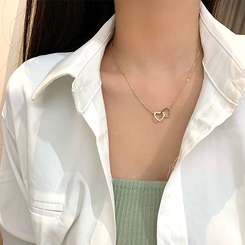 Papaozhu Chic Emas Berongga Hati Ke Hati Liontin Kalung Untuk Wanita Perempuan Minimalis Cinta Ganda Hati Tulang Selangka Rantai Necklaces