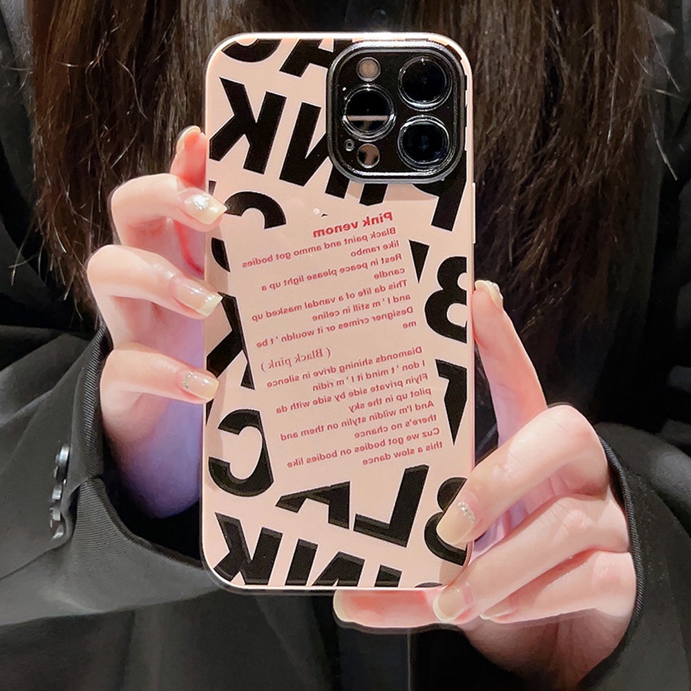 IPHONE Ins Simple Hitam Huruf Pink Miring Label Silikon Case Untuk Iphone14 11 12 13 PRO MAX Casing Cover Pelindung AT0192