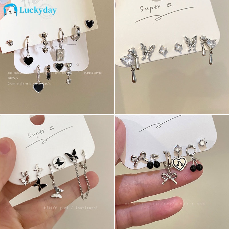 Yeezii Sweet Butterfly Heart Bear Stud Earring Set Busur Bunga Silver Anting Rumbai Untuk Aksesoris Perhiasan Wanita