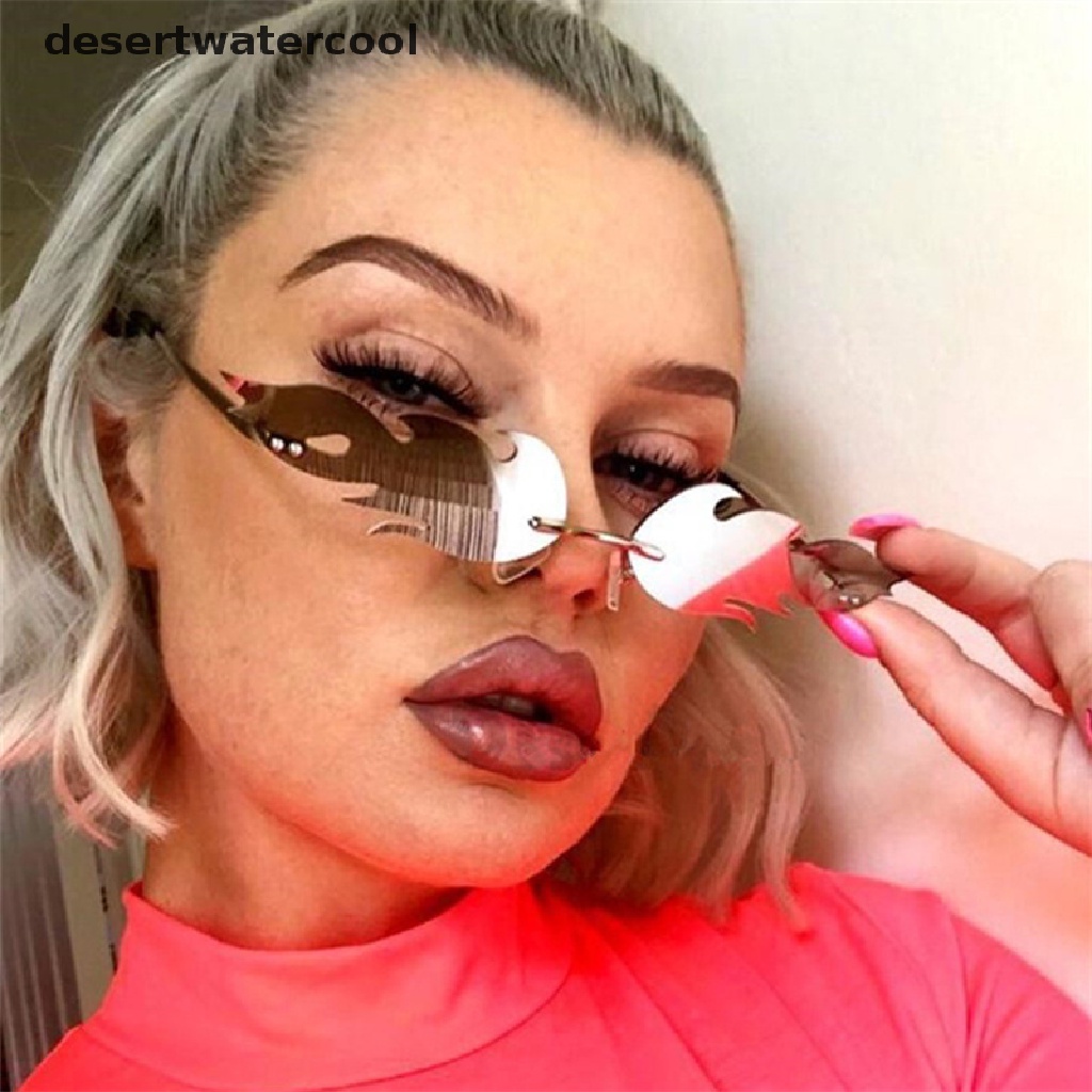 Deid Wanita Tanpa Bingkai Gelombang Kacamata Fashion Logam Warna Kacamata Api Api Kacamata Hitam Martijn